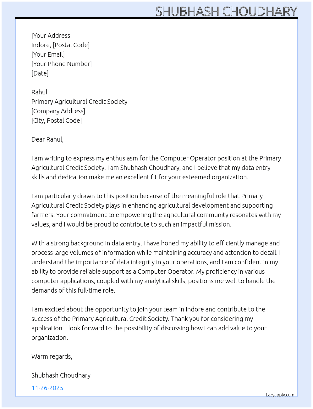Computer Operator  At Primary Agricultural Credit Society Cover Letter