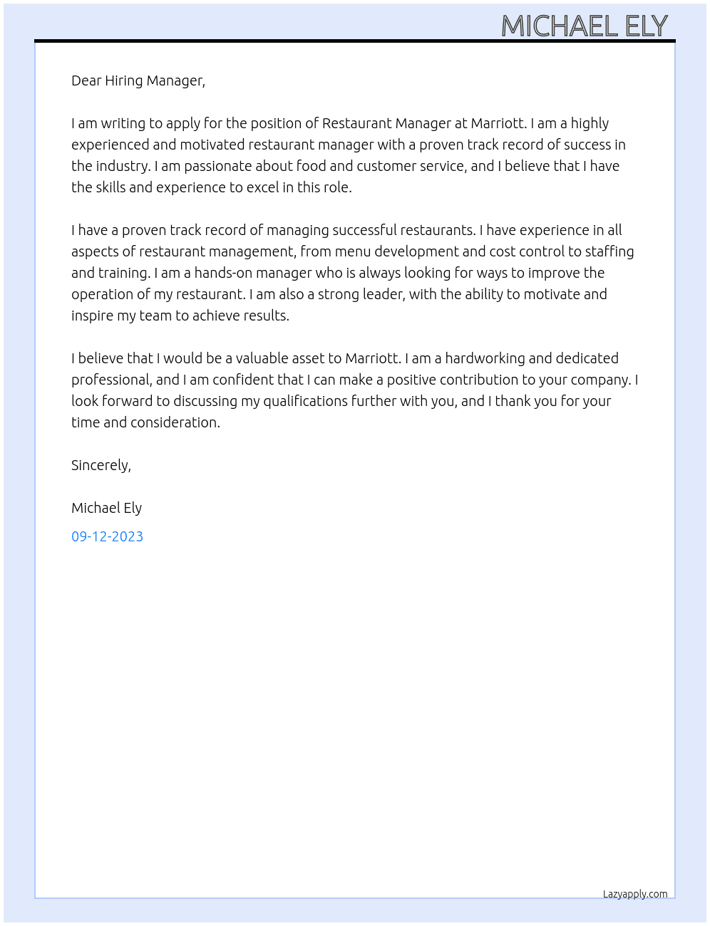 Restaurant Manager  At Marriot  Cover Letter