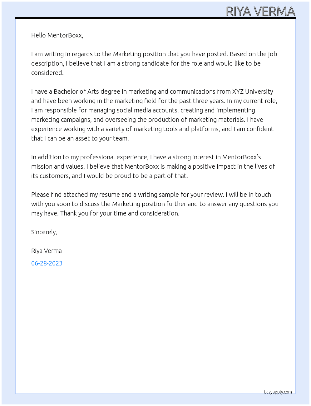 Marketing At MentorBoxx Cover Letter