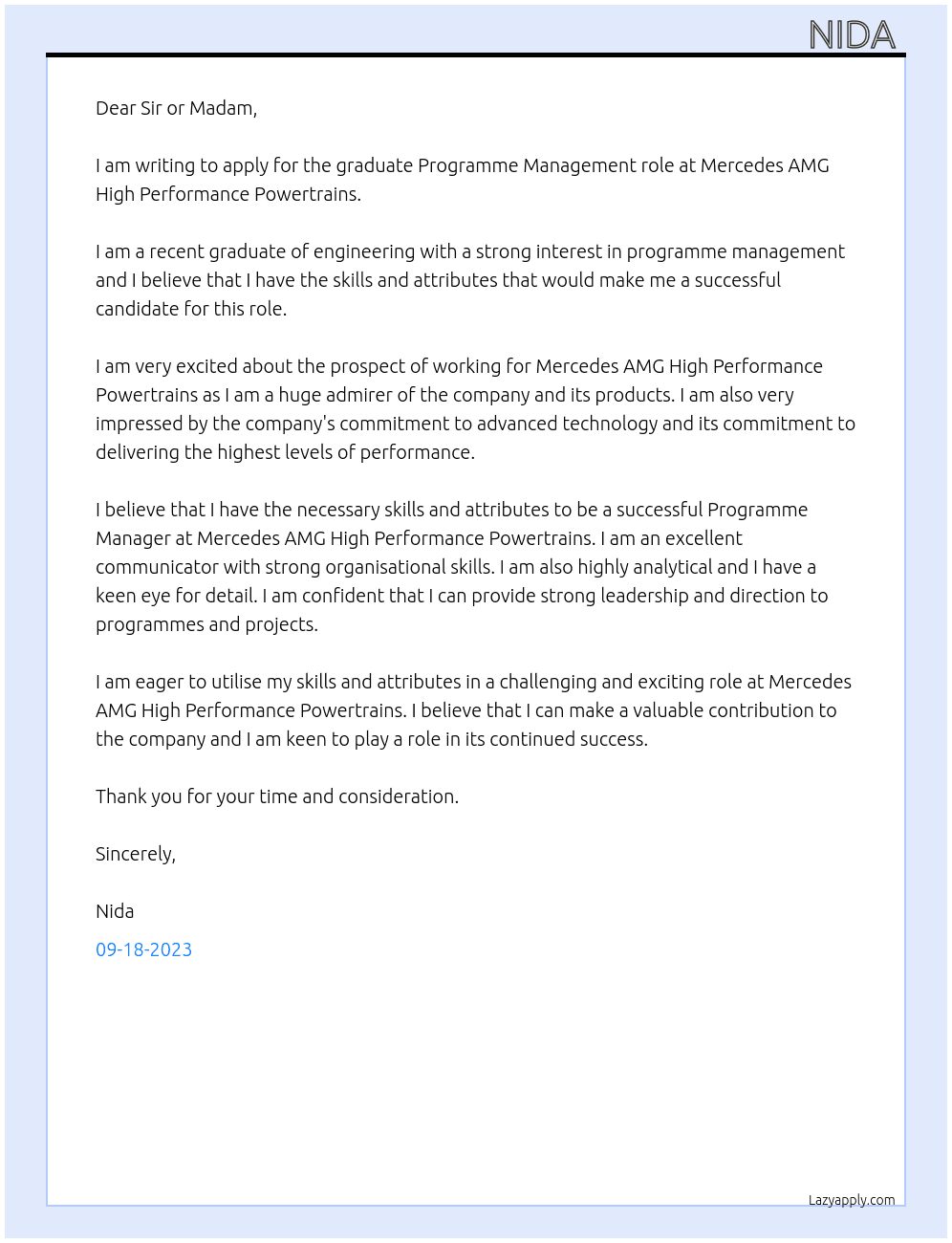 Programme Management Graduate - Advanced Technology At Mercedes AMG High Performance Powertrains Cover Letter