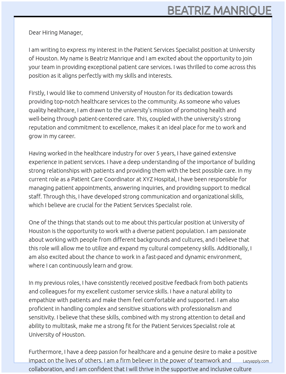 Patient Services Specialist At University of Houston Cover Letter