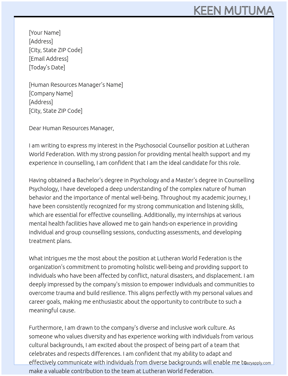  Psychosocial Counsellor  At  Lutheran World Federation Cover Letter