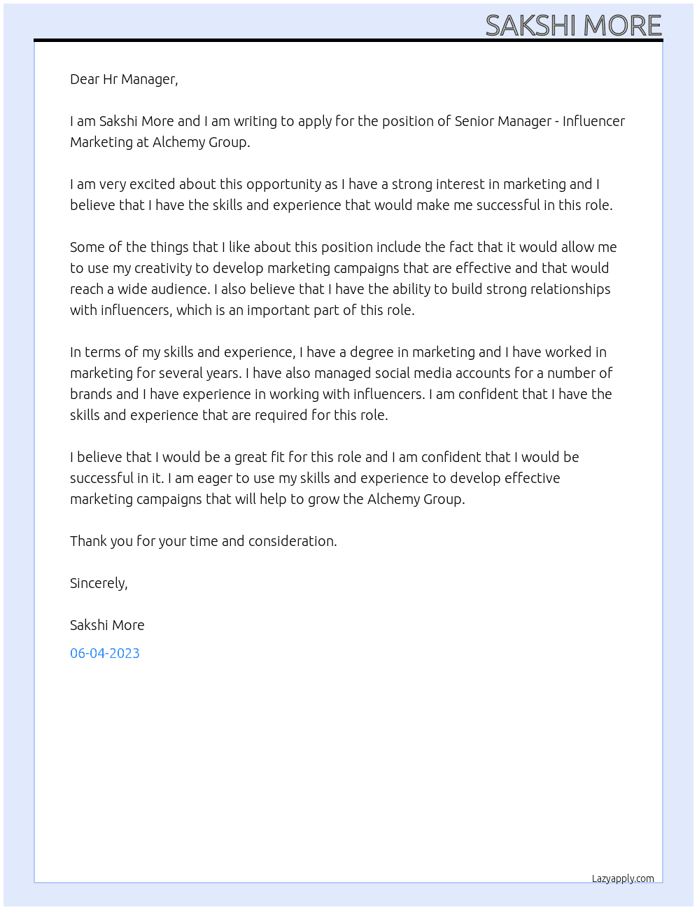  Senior Manager - Influencer Marketing At Alchemy Group Cover Letter
