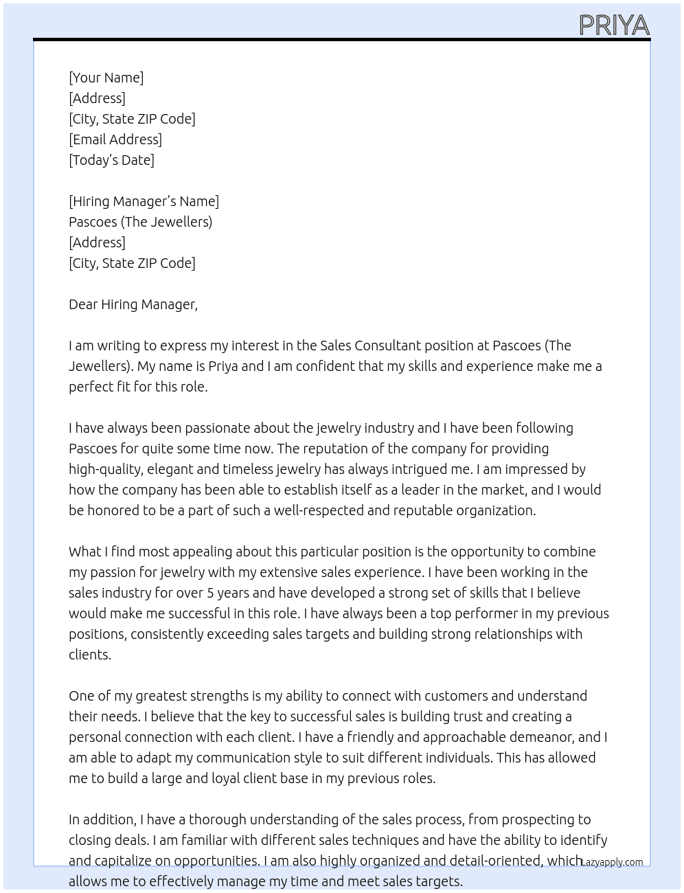 Sales consultant  At Pascoes ( the jewellers) Cover Letter