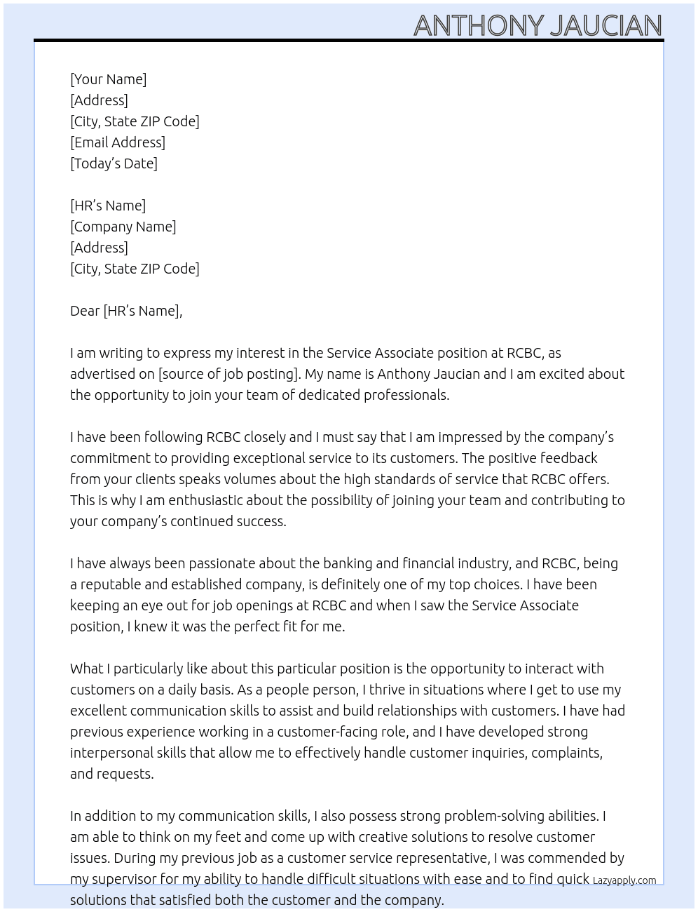 Service Associate At RCBC Cover Letter