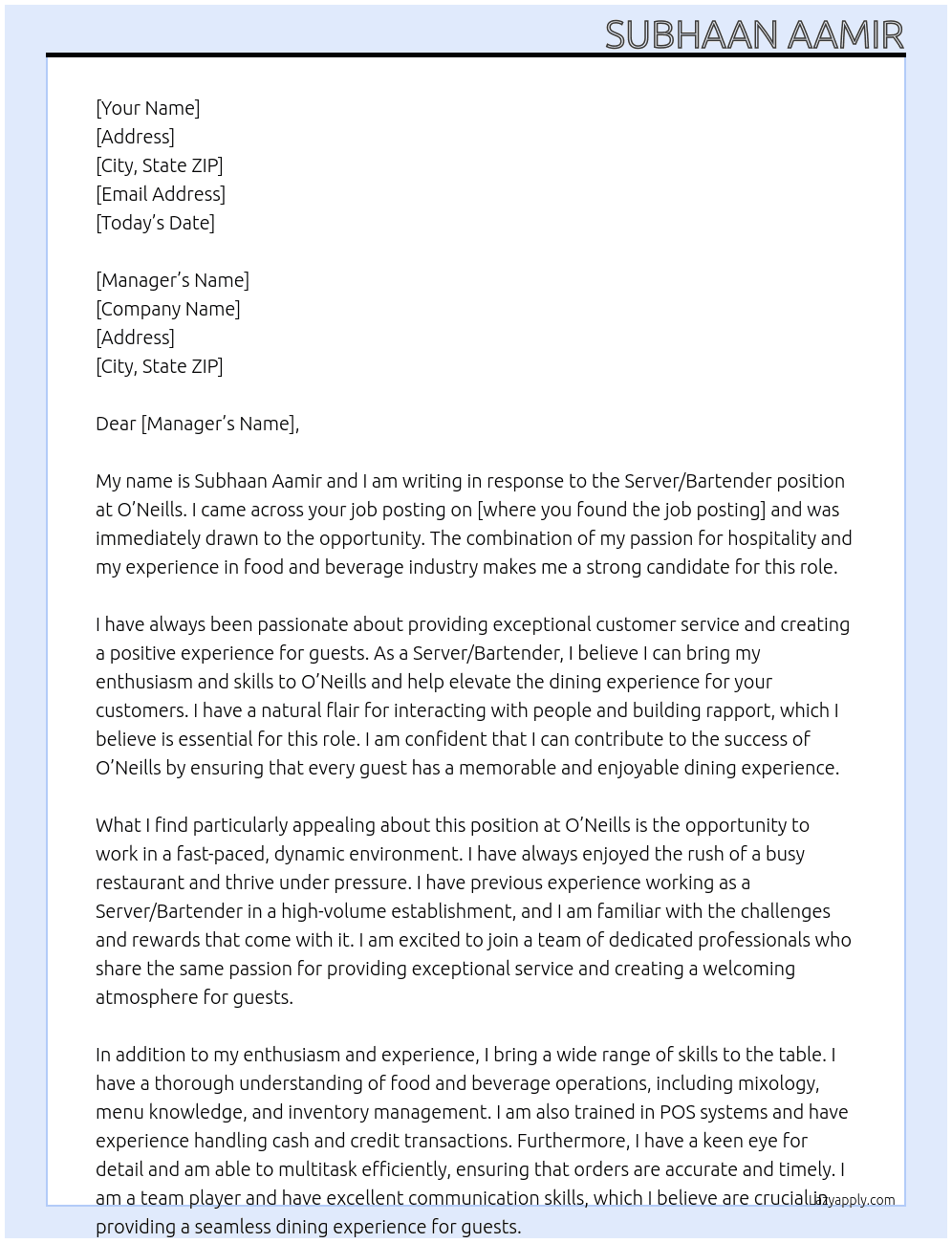 Server/Bartender At O’Neills Cover Letter