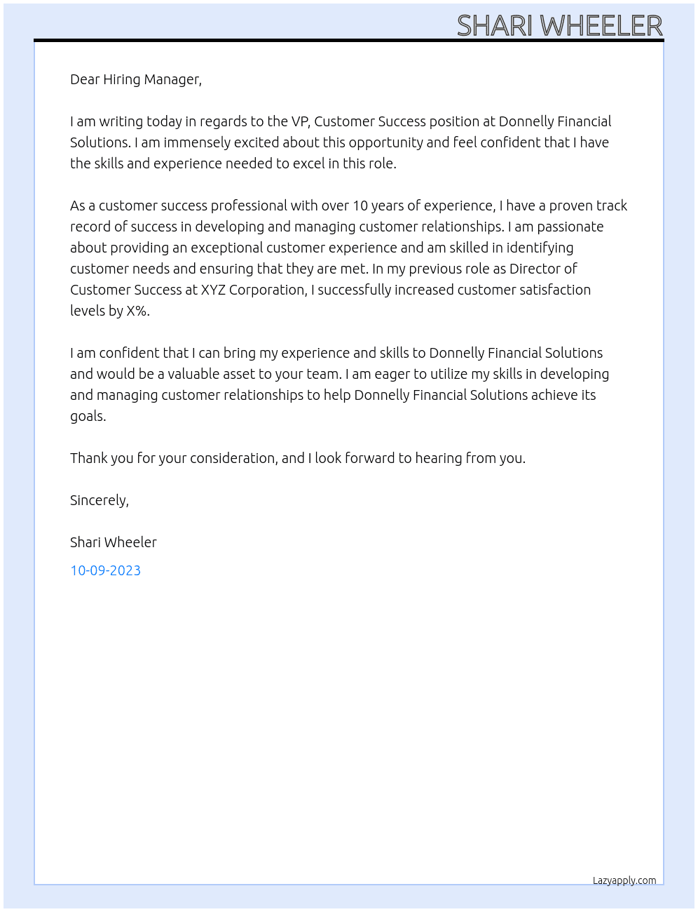 VP, Customer Success At Donnelly Financial Solutions Cover Letter