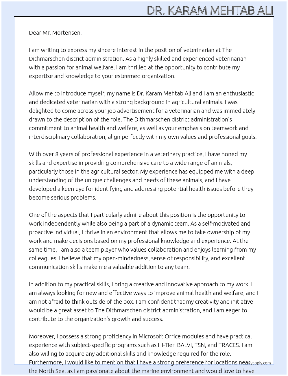 veterinarian* (m/f/d)  At The Dithmarschen district administration Cover Letter