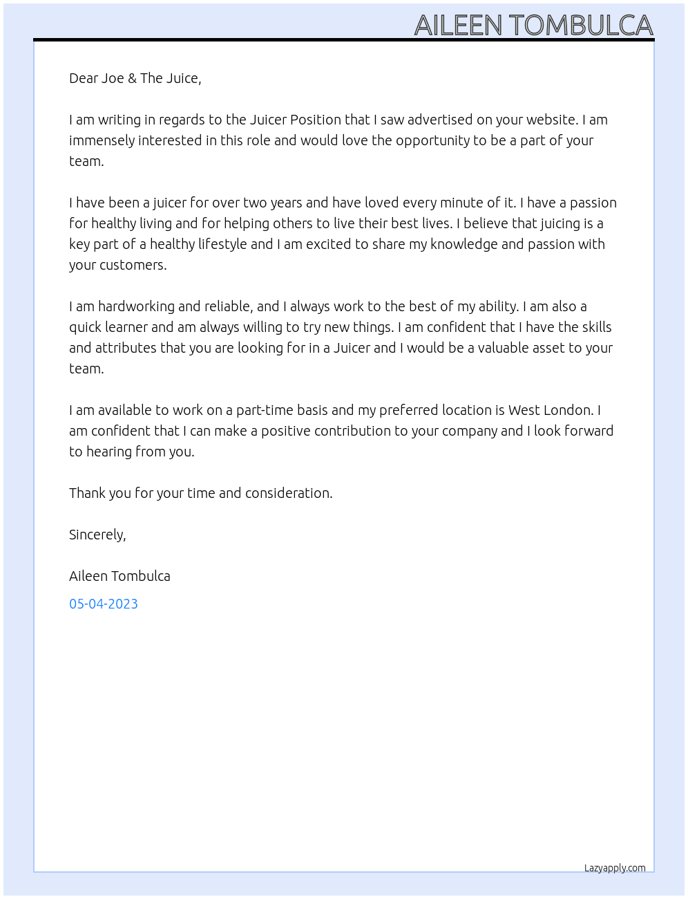 Juicer Position At Joe & The Juice Cover Letter