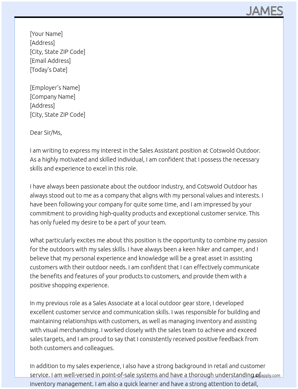 Sales Assistant At Cotswold Outdoor Cover Letter