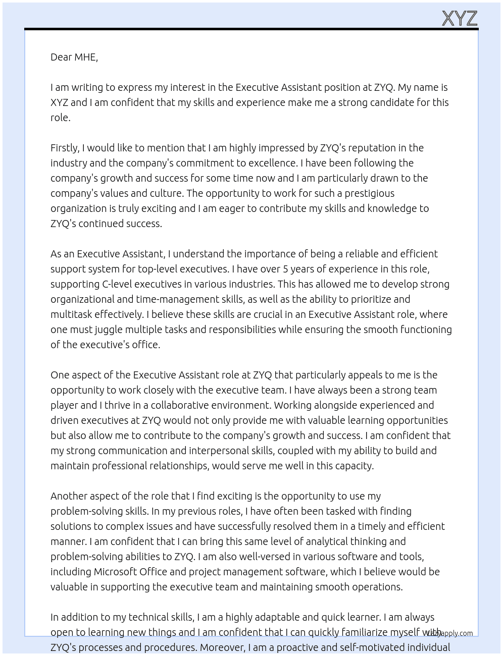 Executive Assistant At ZYQ Cover Letter