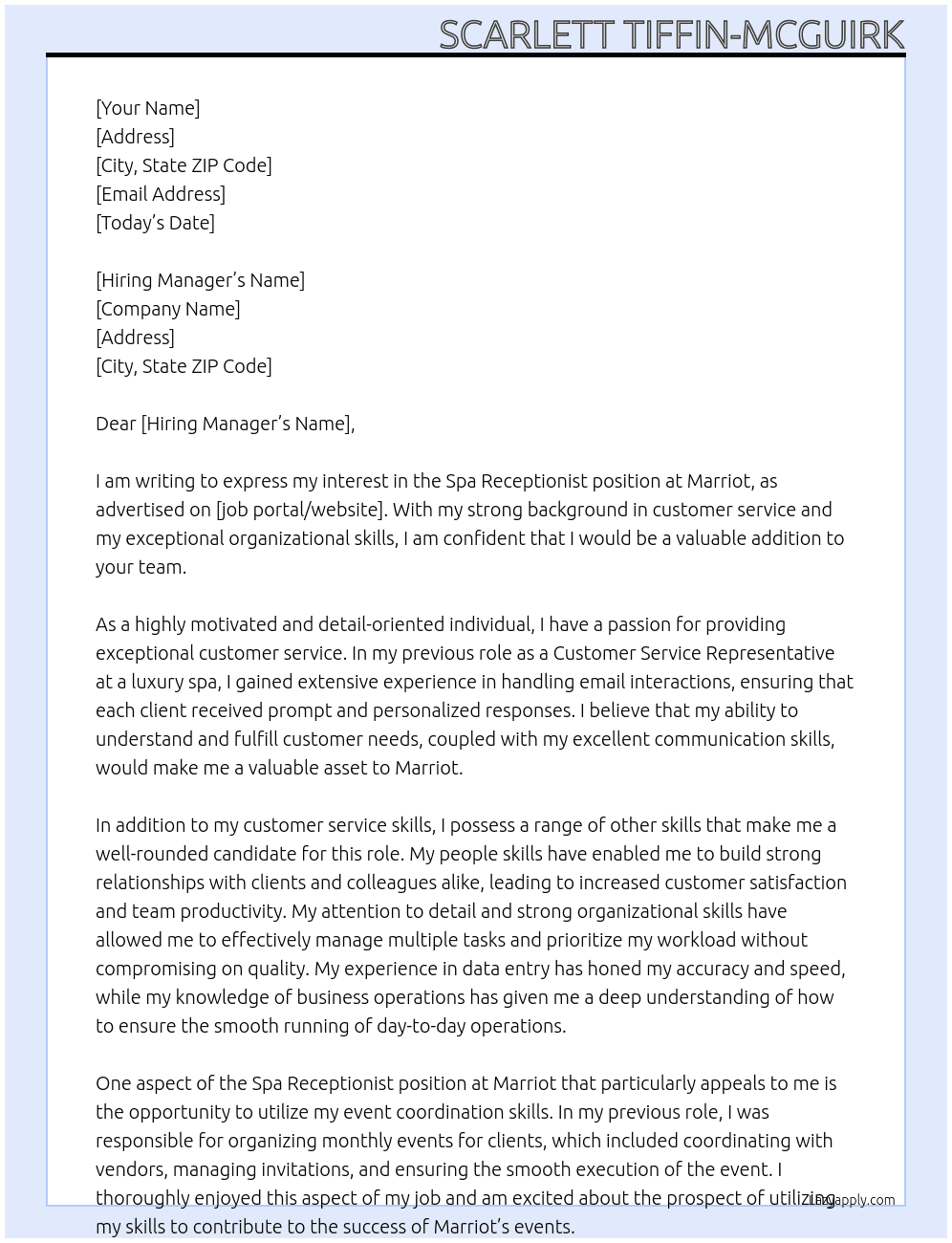Spa Receptionist  At Marriot  Cover Letter