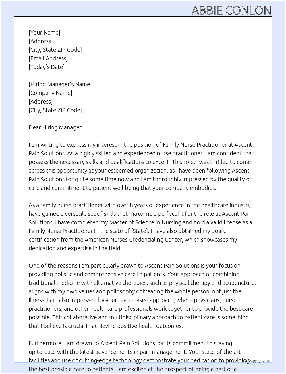 family nurse practitioner At Ascent Pain Solutions Cover Letter