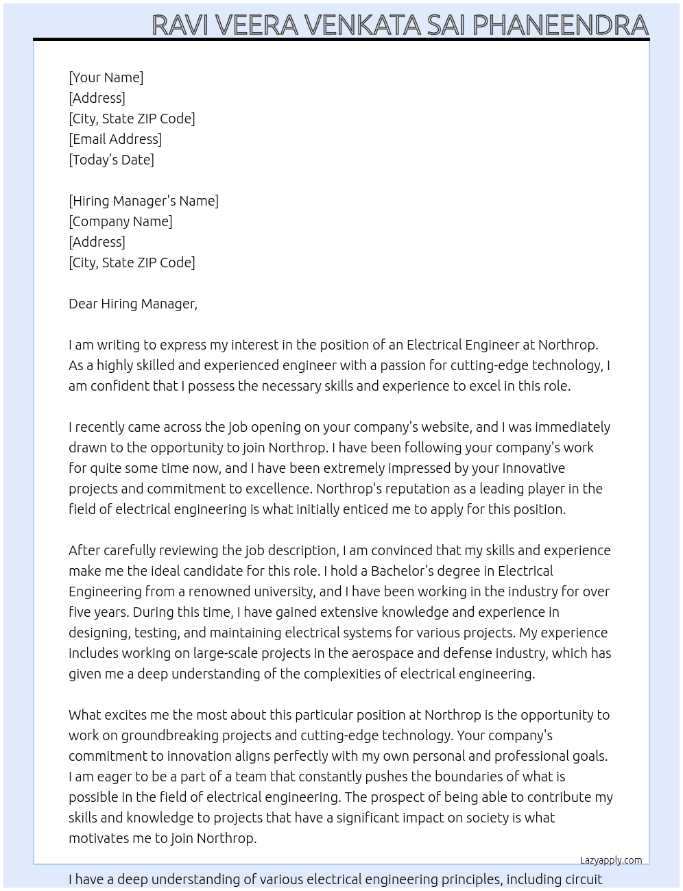 Electrical engineer  At Northrop Cover Letter