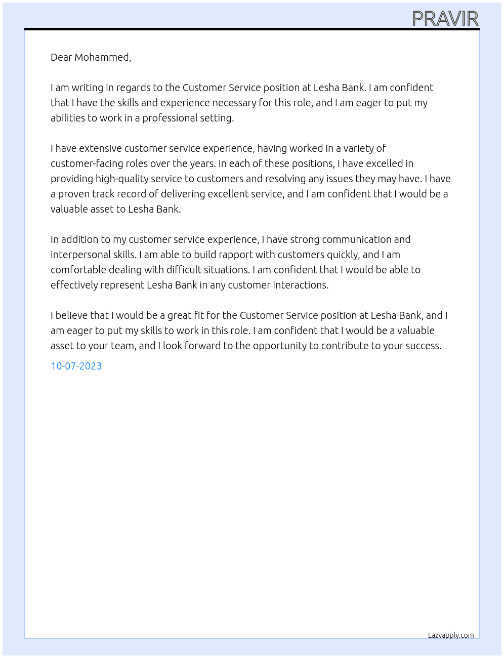 Customer Service in Bank At Lesha Bank Cover Letter