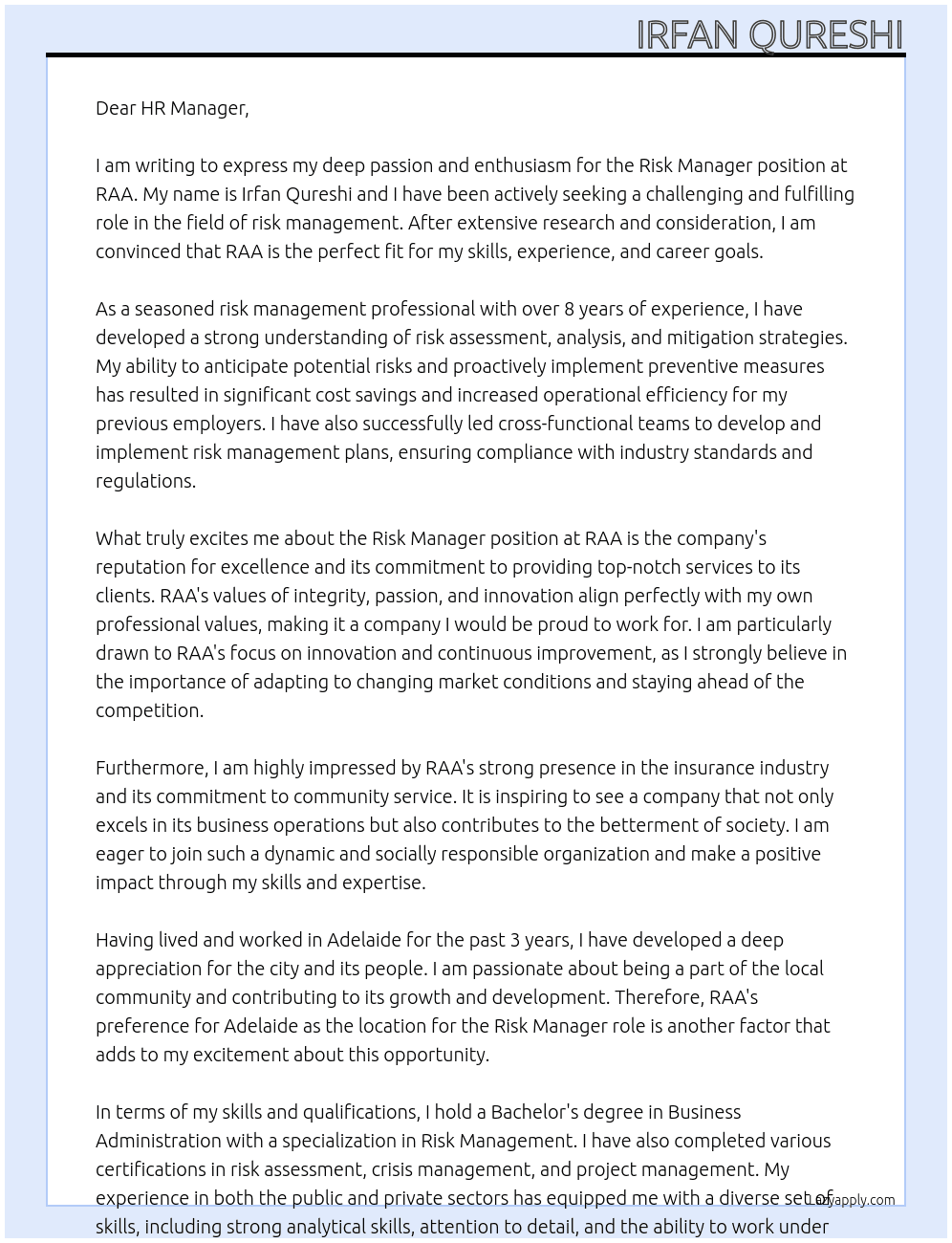Risk Manager At RAA Cover Letter