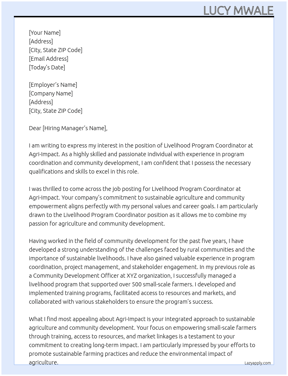 Livelihood Program Coordinator At Agri-Impact Cover Letter