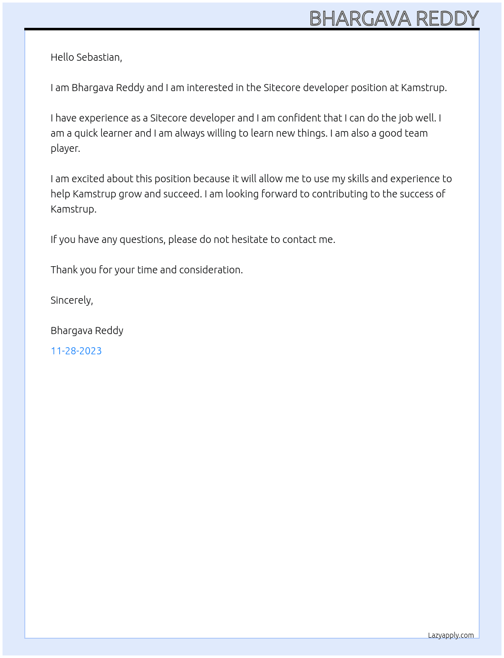 Sitecore developer  At Kamstrup Cover Letter