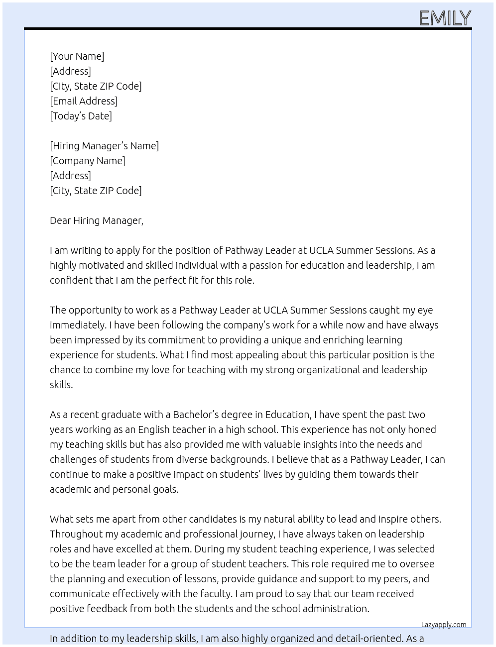 Pathway Leader At UCLA Summer Sessions Cover Letter