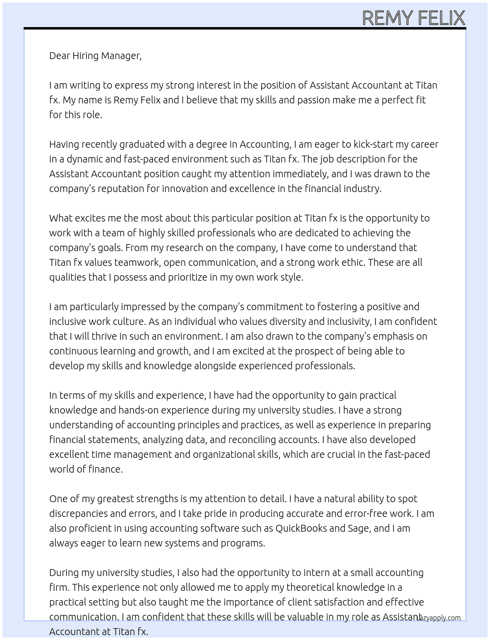 assistant accountant At Titan fx Cover Letter