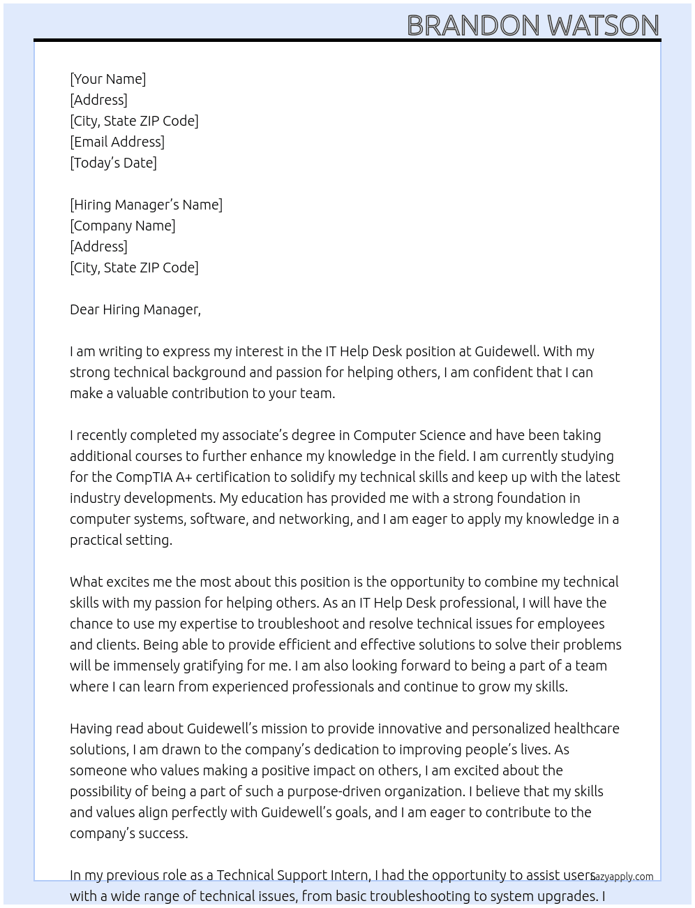 it help desk At guidewell Cover Letter
