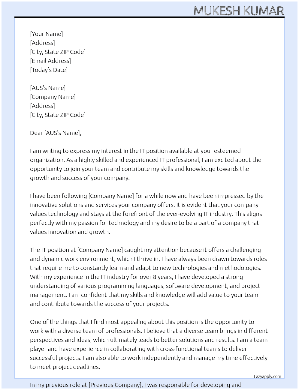 IT  At IT company  Cover Letter