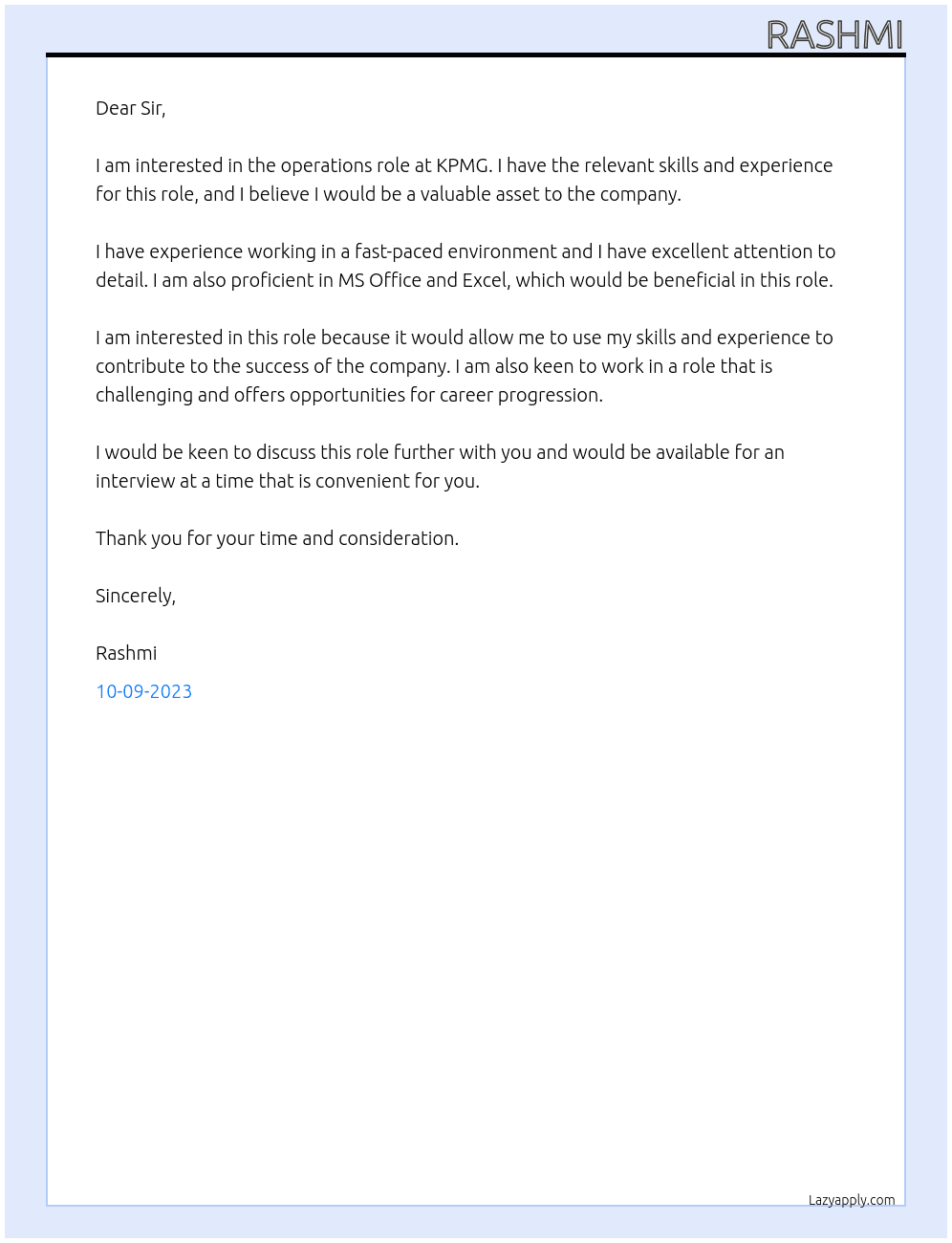 operation At KPMG Cover Letter
