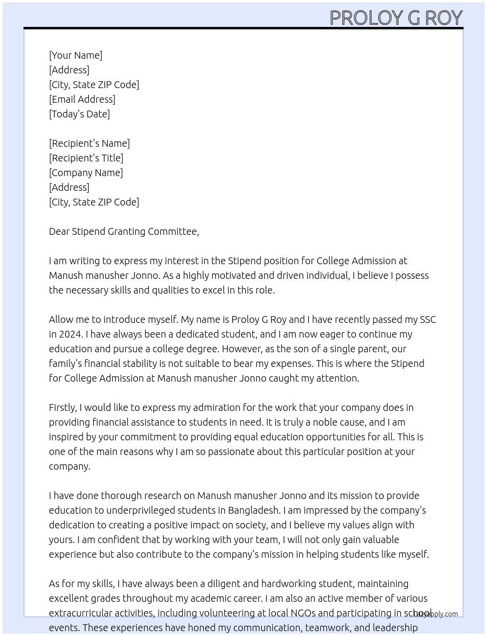 stipned for College Admission At Manush manusher Jonno Cover Letter