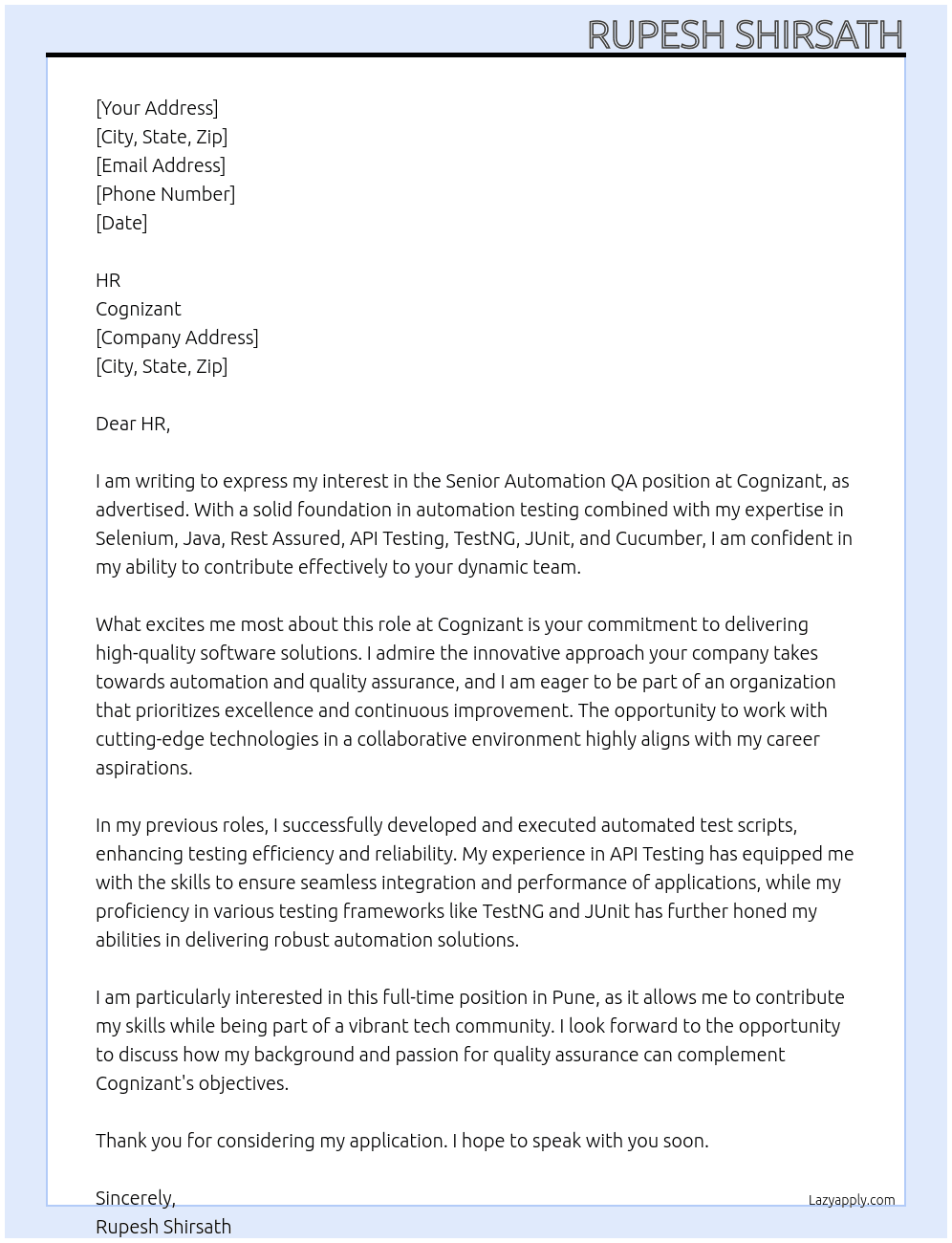 Cover letter for senior automation qa - LazyApply