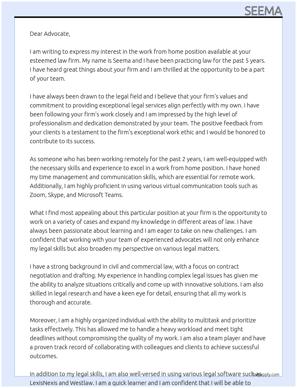 Work from home  At Law firm  Cover Letter