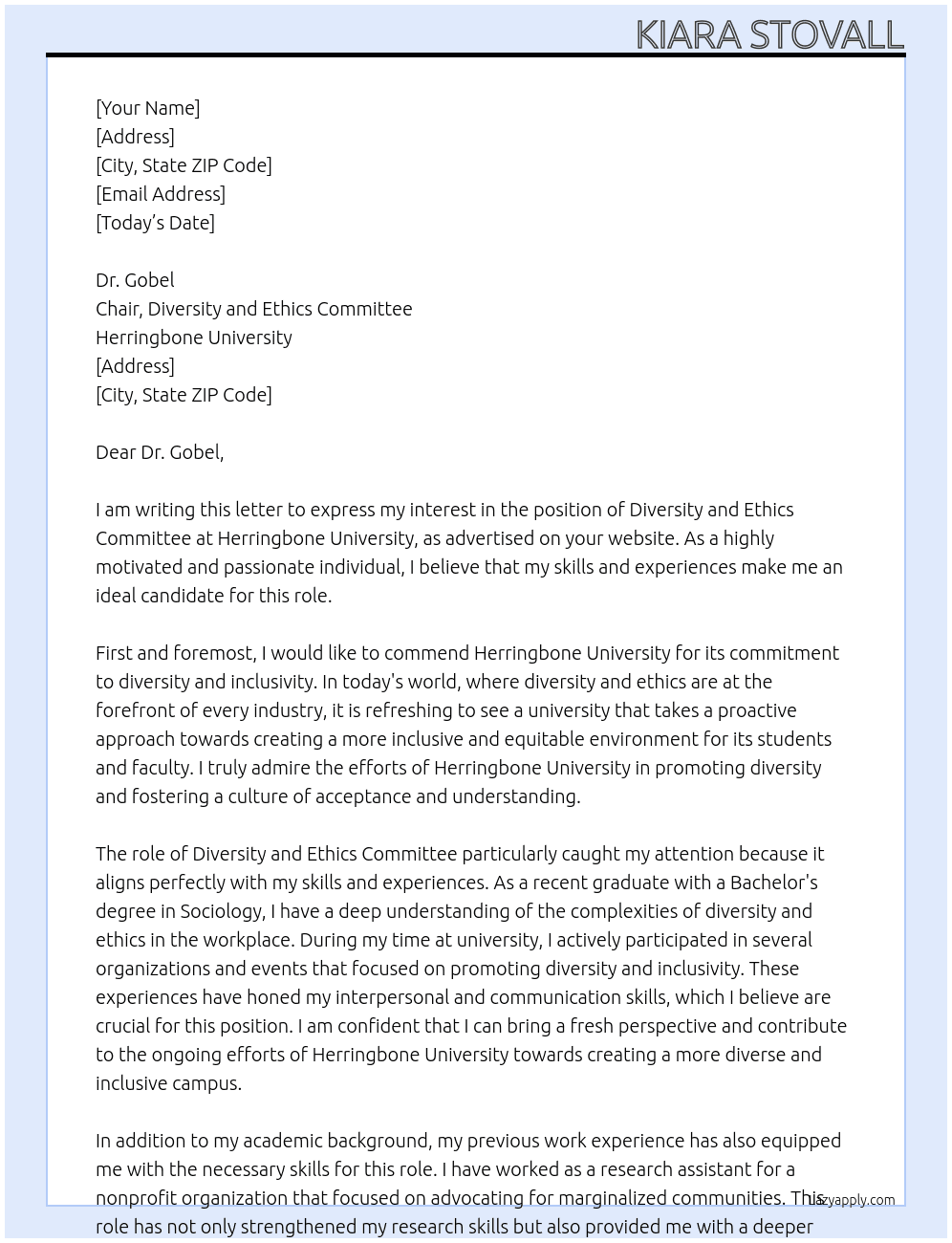 diversity and ethics committee  At Herringbone University Cover Letter