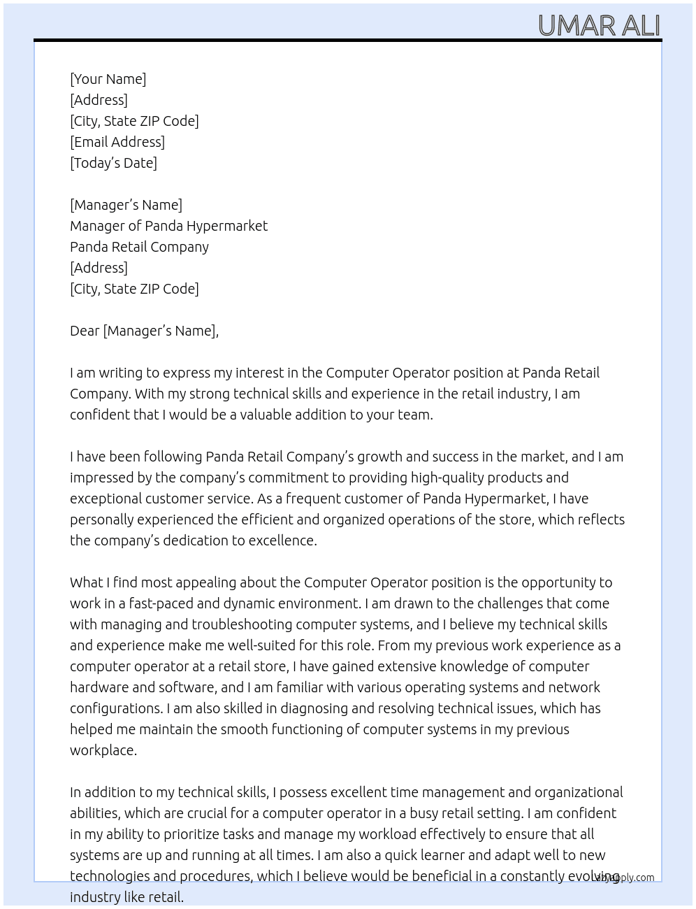Computer operator  At Panda Retail Company Cover Letter