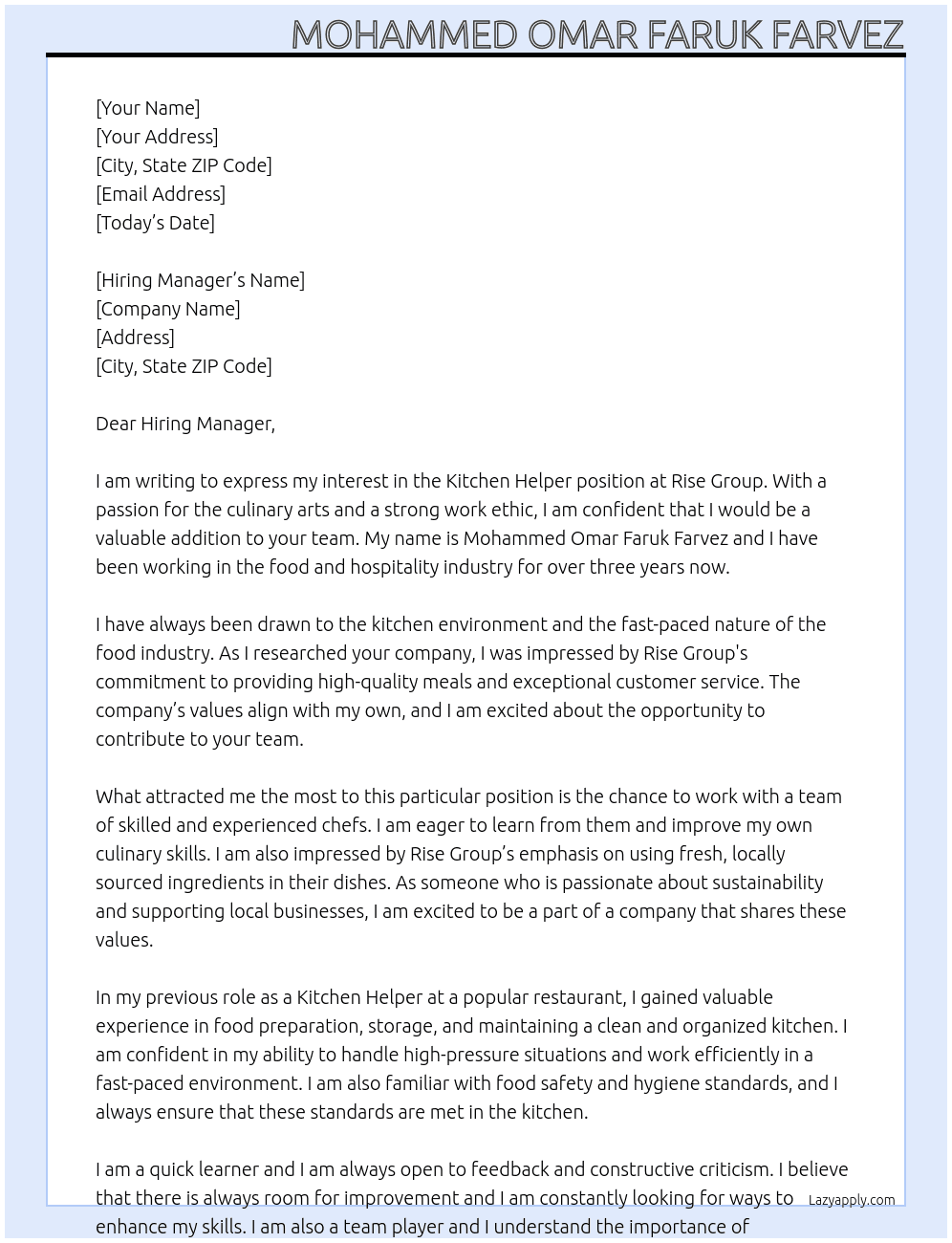 Kitchen helper  At Rise Group Cover Letter