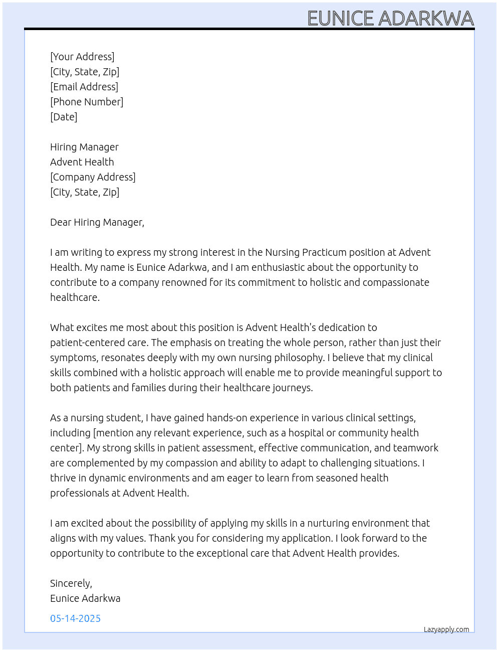 nursing practicum At Advent Health Cover Letter