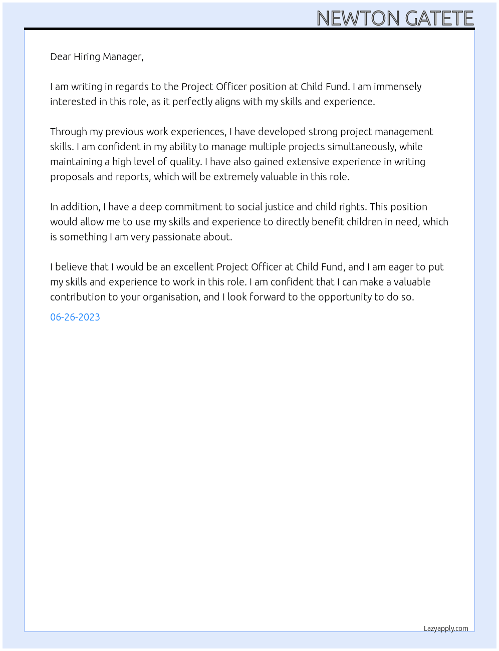 Project officer is  At Child fund Cover Letter