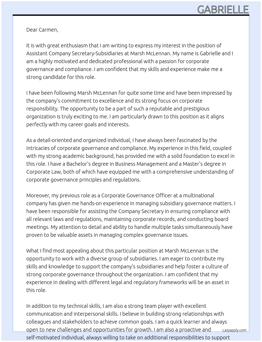 Assistant company secretary- subsidiaries  At Marsh McLennan Cover Letter