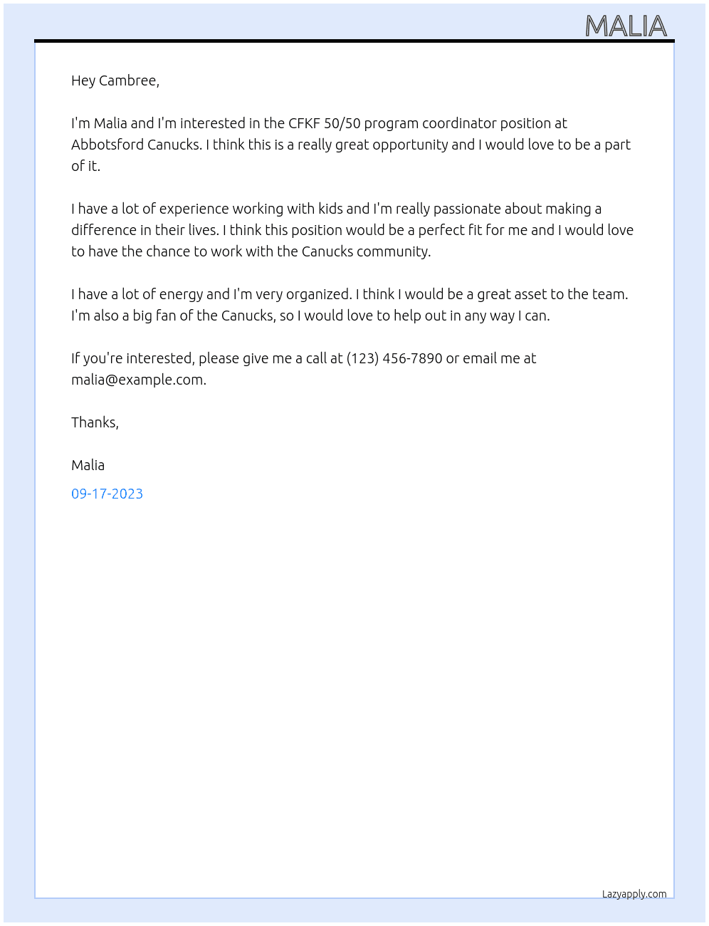 CFKF 50/50 program coordinator   At Abbotsford Canucks Cover Letter