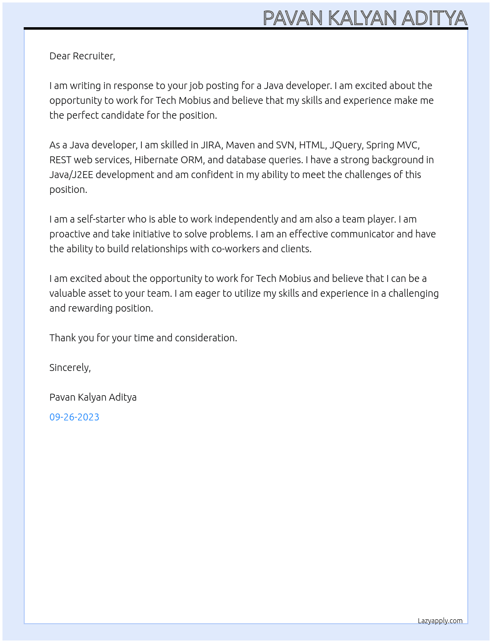 Java developer At Tech Mobius Cover Letter