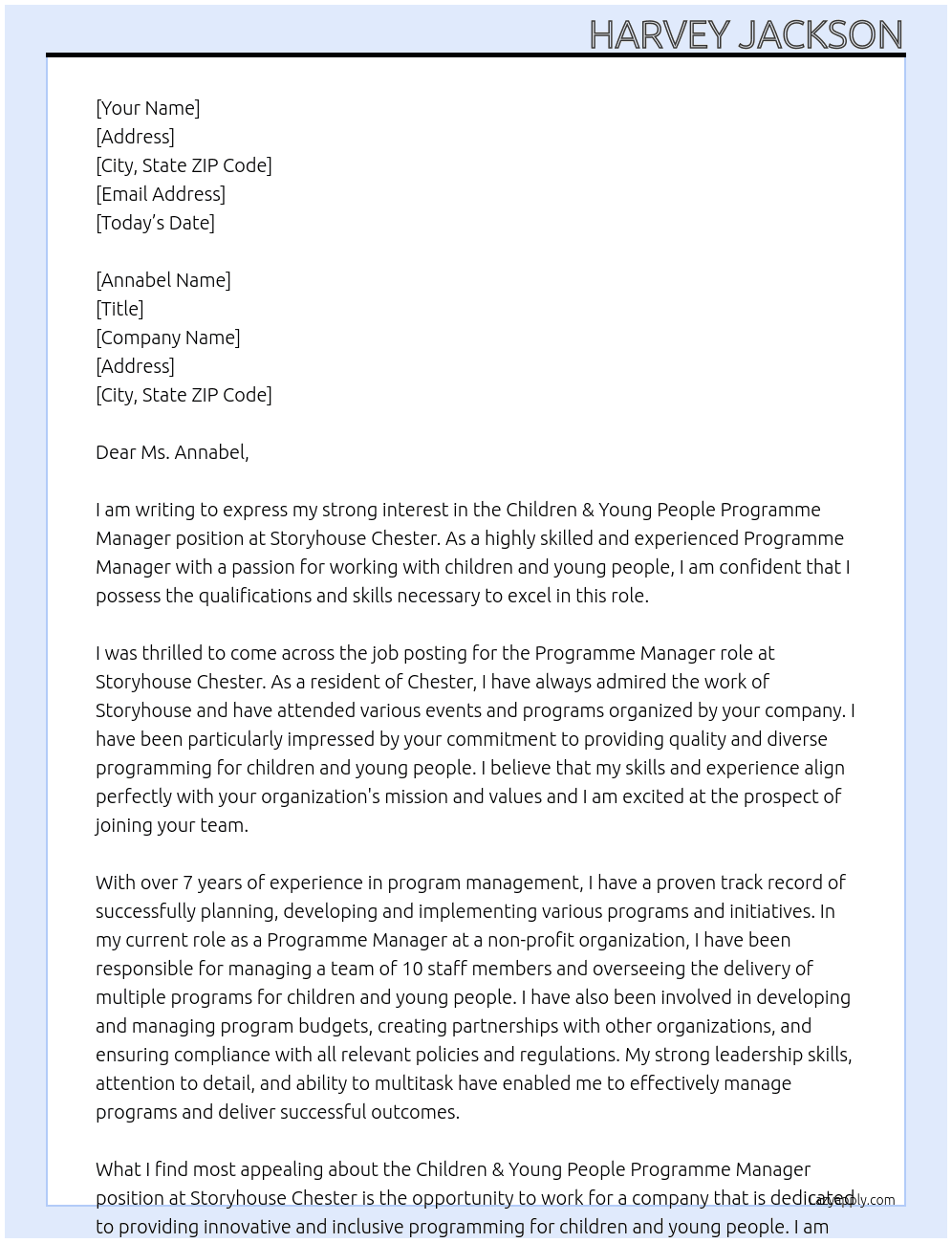 Children & Young People Programme Manager  At Storyhouse Chester Cover Letter