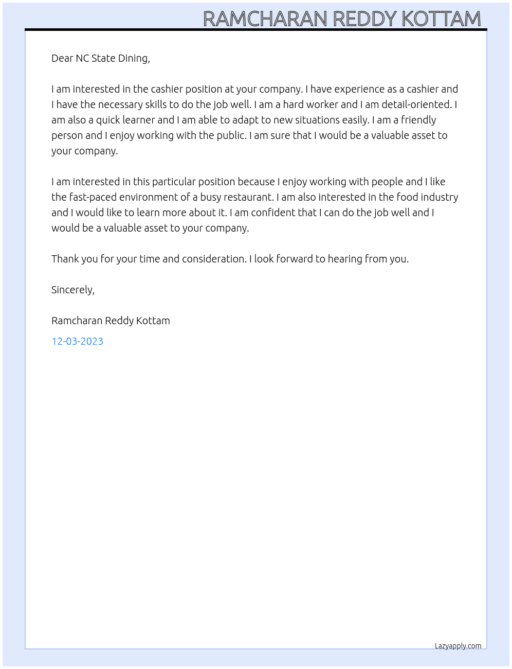Cashier At NC State Dining Cover Letter