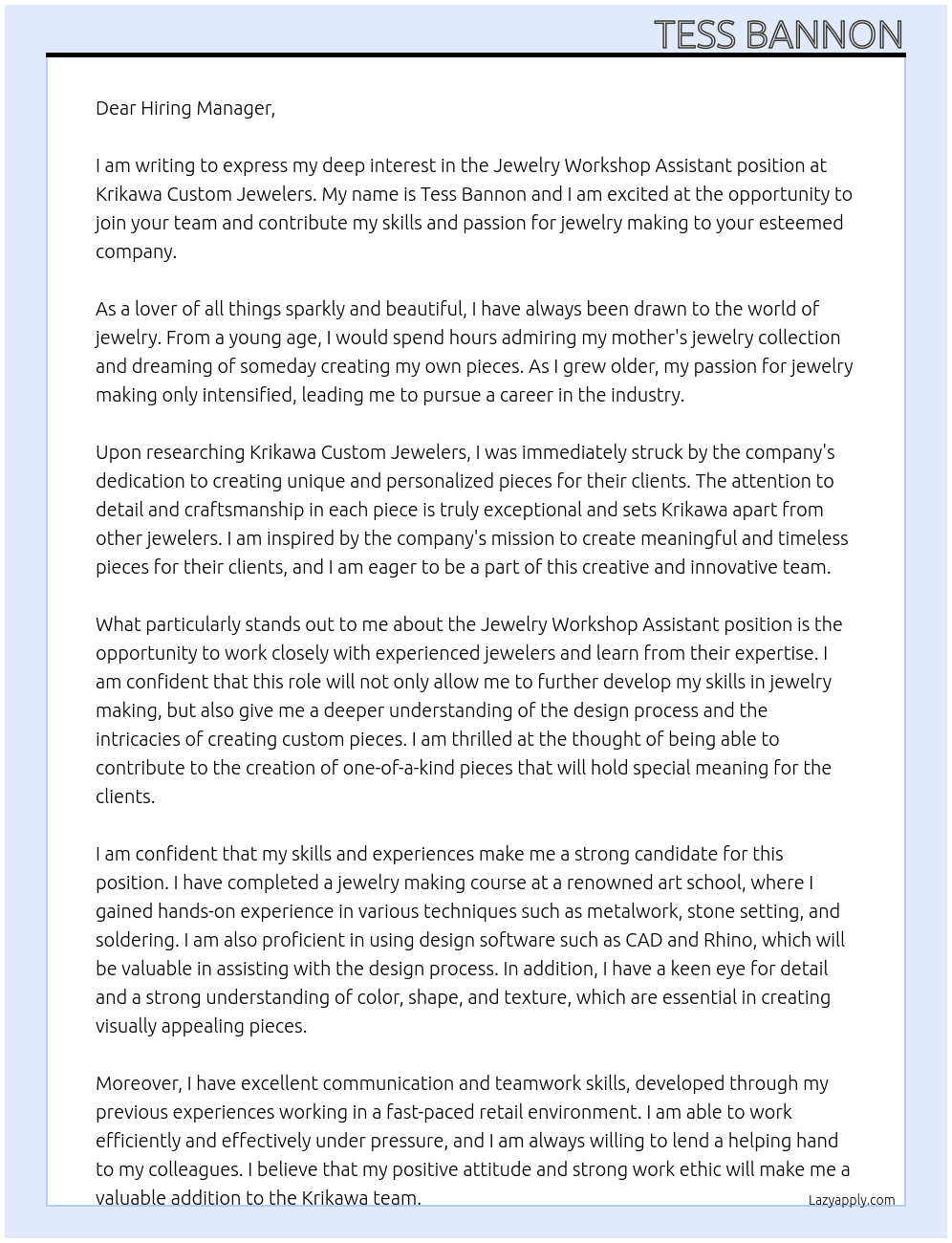 Jewelry Workshop Assistant At Krikawa Custom Jewelers Cover Letter