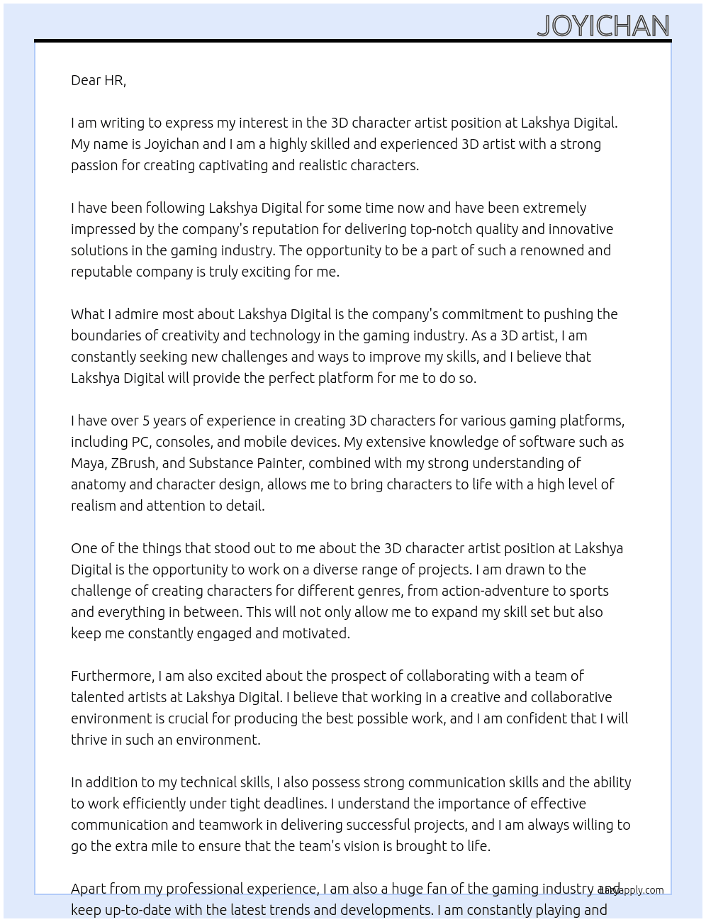 3D character artist  At lakshya digital Cover Letter