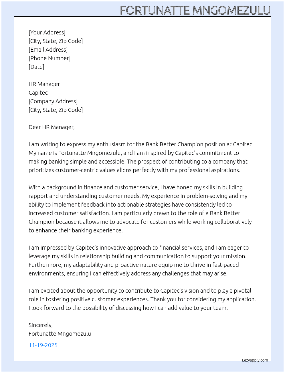bank better champion At Capitec Cover Letter