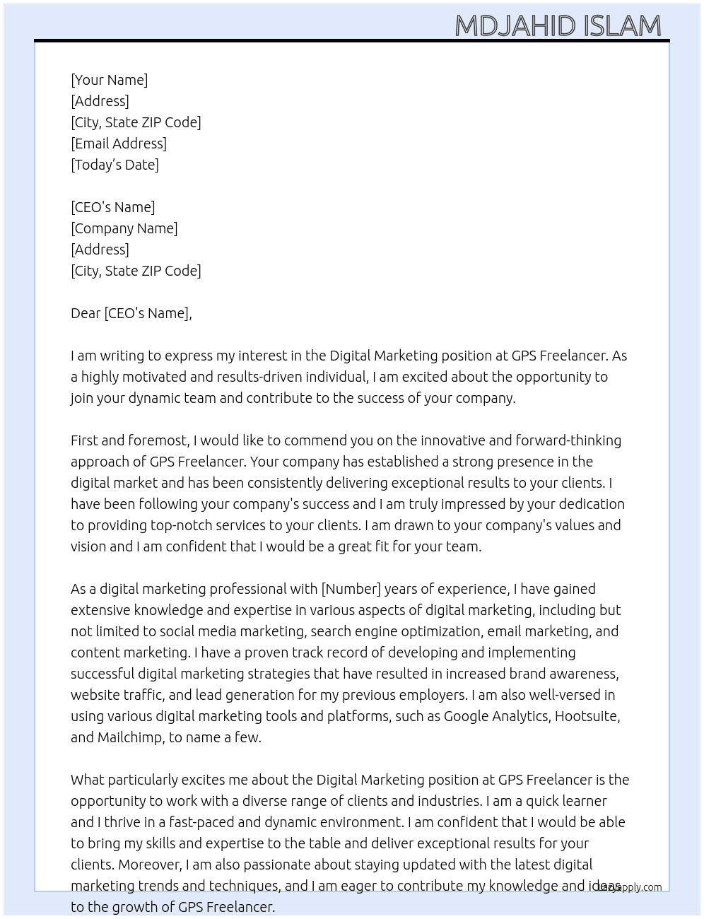 Digital marketing  At Gps freelancer  Cover Letter