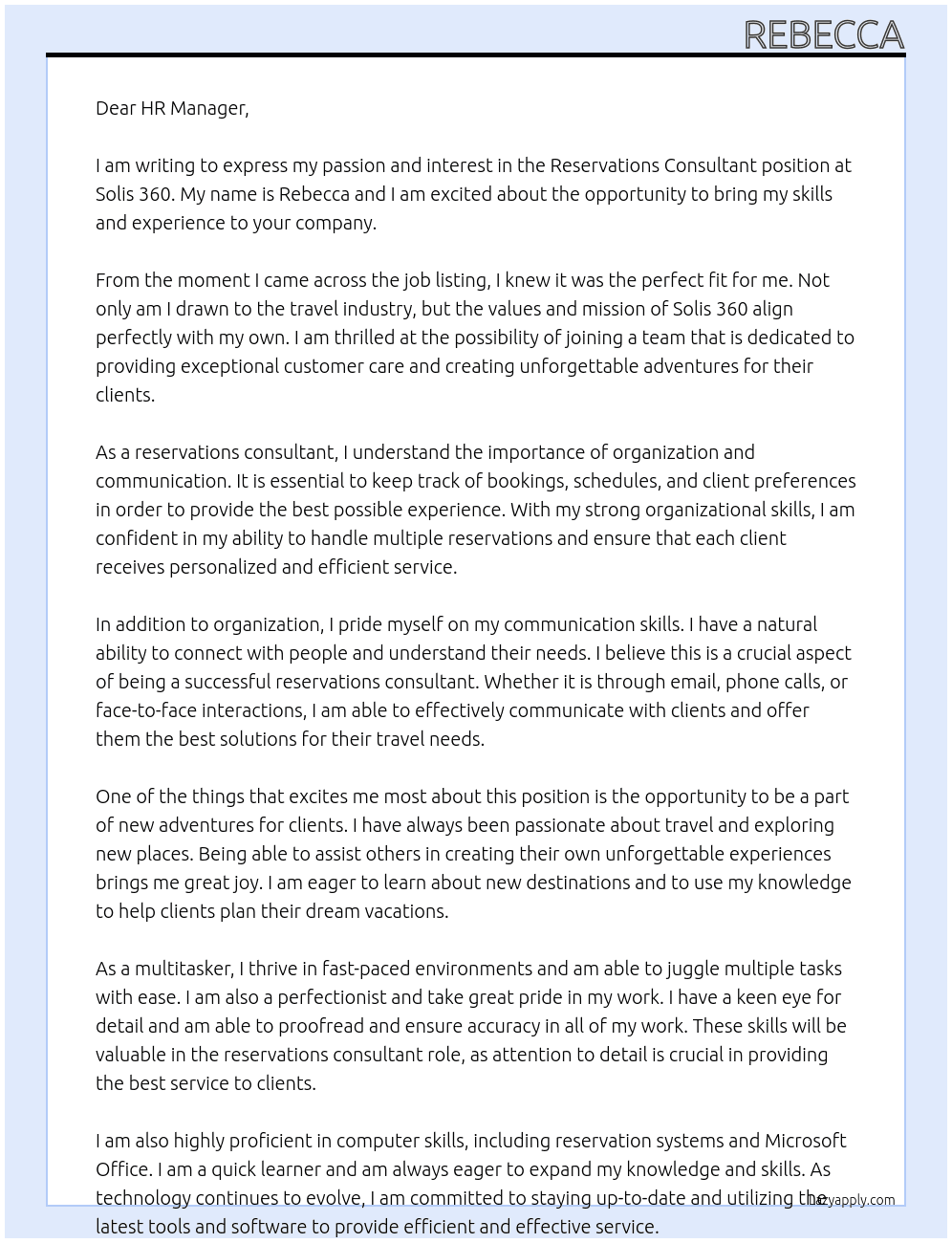 Reservations Consultant At Solis 360 Cover Letter