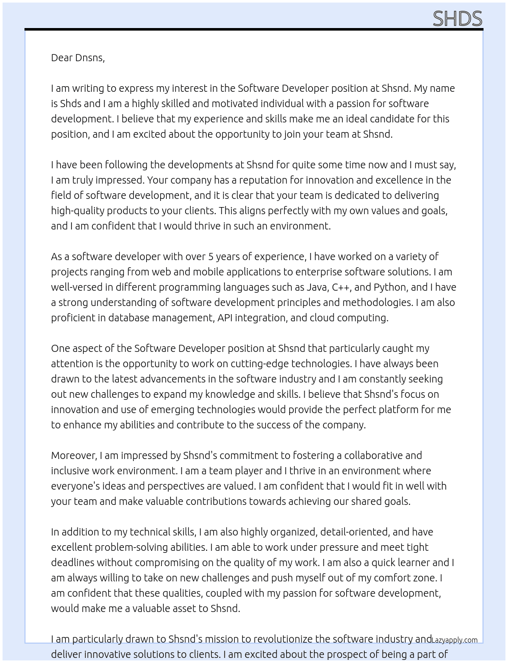 Software developer At Shsnd Cover Letter