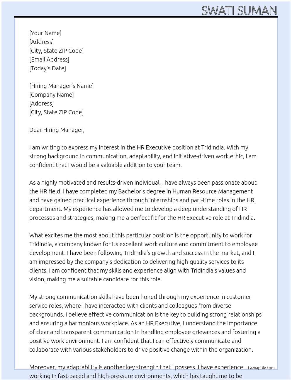 Hr executive  At Tridindia Cover Letter