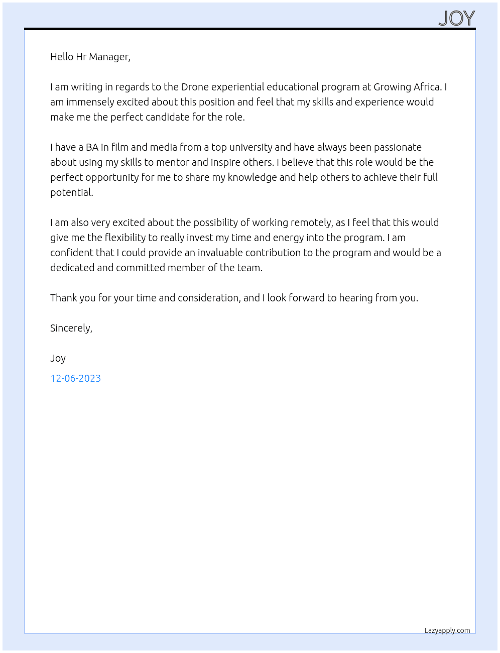 Drone experiential educational program At Growing africa Cover Letter