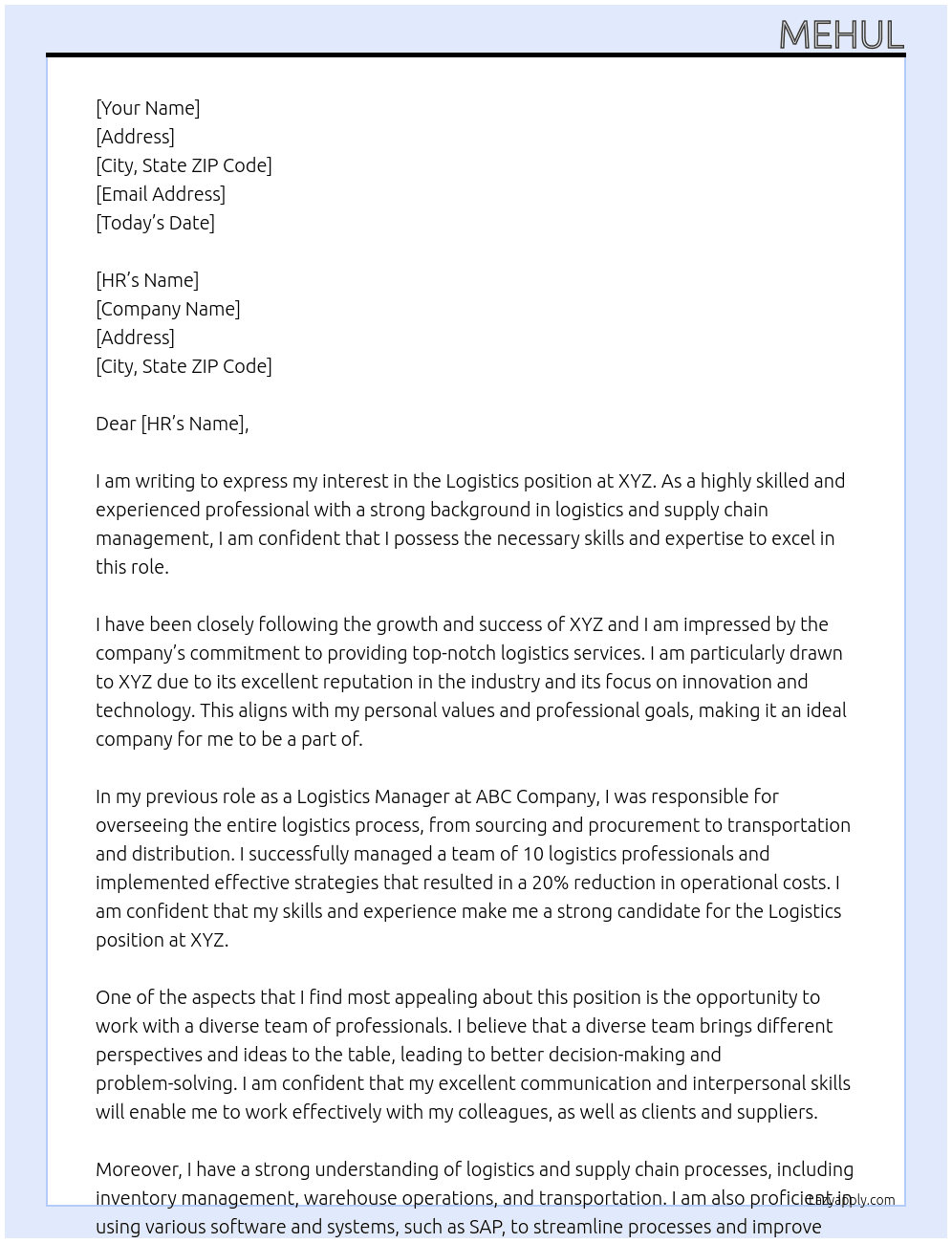 Logistics At XYZ Cover Letter