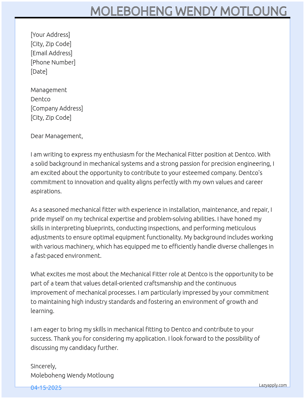 mechanical fitter  At Dentco Cover Letter